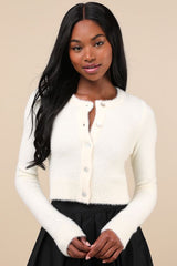 Cozy Sweetness Ivory Eyelash Knit Cropped Cardigan