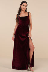 Graceful Invite Dark Plum Velvet Square Neck Lace-Up Maxi Dress