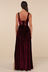 Graceful Invite Dark Plum Velvet Square Neck Lace-Up Maxi Dress
