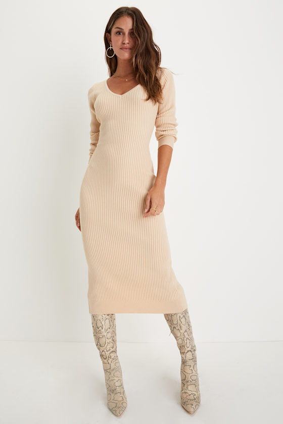 Everyday Beauty Beige Long Sleeve Ribbed Knit Sweater Dress