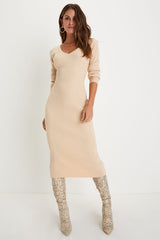 Everyday Beauty Beige Long Sleeve Ribbed Knit Sweater Dress