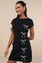Endearing Sparkle Black Rhinestone Bow Mini Dress