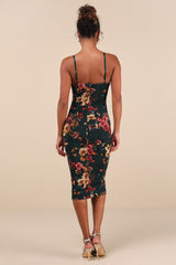 Date Night Beauty Dark Green Floral Print Mesh Ruched Midi Dress