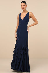 Alorna Dark Navy Sleeveless Ruffled Maxi Dress