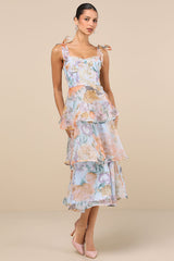 Playfully Posh Blue Floral Organza Tie-Strap Tiered Midi Dress