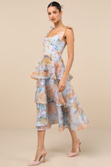 Playfully Posh Blue Floral Organza Tie-Strap Tiered Midi Dress