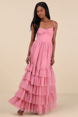 Endlessly Darling Dusty Rose Mesh Tiered Tie-Strap Maxi Dress