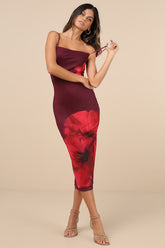 Jaela Burgundy Floral Mesh Sleeveless Bodycon Midi Dress