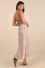Picturesque Moments Brown Floral Print Strappy Maxi Dress