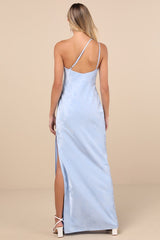 Nadra Light Blue Satin Jacquard One-Shoulder Maxi Dress