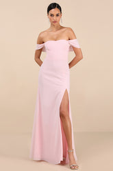Magical Magnetism Light Pink Off-the-Shoulder Maxi Dress