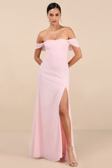 Magical Magnetism Light Pink Off-the-Shoulder Maxi Dress