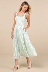 Loira Mint Burnout Jacquard Lace-Up Midi Dress