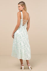 Loira Mint Burnout Jacquard Lace-Up Midi Dress