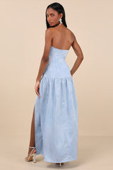 Gemmi Light Blue Satin Jacquard Drop Waist Maxi Dress