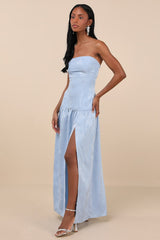 Gemmi Light Blue Satin Jacquard Drop Waist Maxi Dress