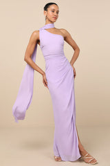 Adeline Lavender One-Shoulder Scarf Maxi Dress