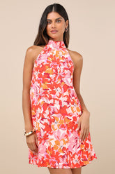 Tied Back To You Red and Pink Floral Print Mini Shift Dress