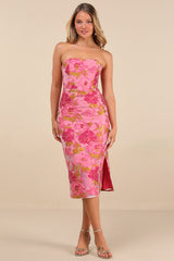 Upgraded Event Pink Jacquard Strapless Bustier Midi Dress