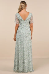 Dreamiest Desires Sage Green Floral Flutter Sleeve Maxi Dress