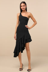 Steal a Glance Black One-Shoulder Asymmetrical Midi Dress