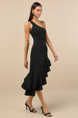 Steal a Glance Black One-Shoulder Asymmetrical Midi Dress