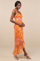 Lovable Spirit Orange Floral Burnout Ruffled High-Low Maxi Dress