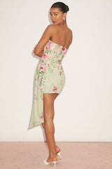 Aritz Sage Green Embroidered Sash Strapless Mini Dress