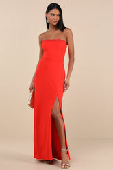 Memorably Iconic Red Strapless Lace Bustier Maxi Dress