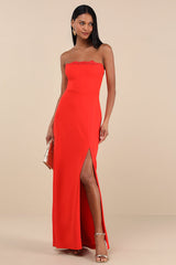 Memorably Iconic Red Strapless Lace Bustier Maxi Dress