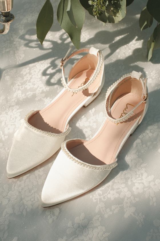 Phoebee White Satin Pearl Pointed-Toe Ankle Strap Flats