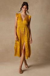 Cause to Celebrate Yellow and Gold Dot Ruffled Tiered Midi Dress