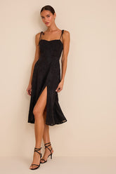 Loveliest Looks Black Floral Jacquard Tie-Strap Midi Dress