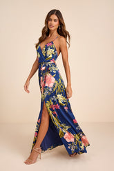 Still the One Blue Floral Print Satin Maxi Dress