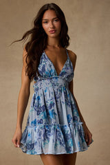 Signature Sweetie Light Blue Floral Smocked Tie-Back Mini Dress