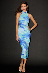 Idyllic in Ibiza Blue Abstract Print Mock Neck Halter Midi Dress