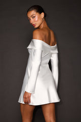 Luxurious Vision White Satin Off-the-Shoulder Mini Dress
