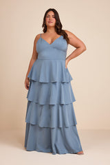Going with Elegance Slate Blue Satin Tiered Gown