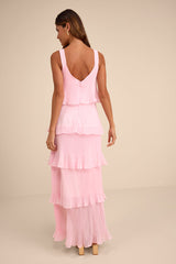 Elegant Nature Blush Pink Pleated Sleeveless Tiered Maxi Dress