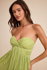 Oswin Lime Green Satin Plisse Strapless Maxi Dress