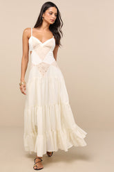 Maisha Ivory and Beige Embroidered Drop Waist Maxi Dress
