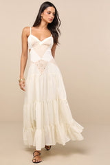 Maisha Ivory and Beige Embroidered Drop Waist Maxi Dress