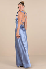 Exuberant Luxury Periwinkle Satin Ruffled Lace-Up Maxi Dress
