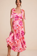Fleurette Pink Floral Tie-Strap Midi Dress