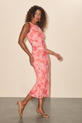 Elyra Orange Abstract Mesh Ruched Crew Neck Midi Dress