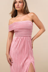 Poised Performance Pink Plisse One-Shoulder Maxi Dress
