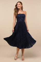 Perfectly Stunning Navy Jacquard Strapless Midi Dress