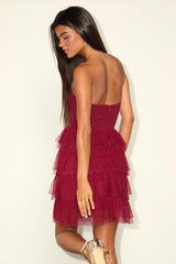 Fabulous Thoughts Wine Red Tulle Strapless Tiered Mini Dress