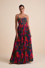 Kinleigh Red Multi Abstract Pleated Bustier Maxi Dress