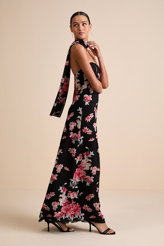 Rawya Black Floral Strapless Maxi Dress and Scarf Set